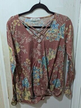 Jules & James Floral Crisscross V-Neck Long Sleeve Top - Knotted Waist - Medium